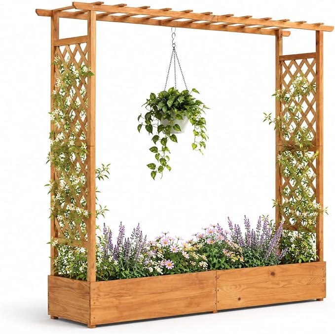 Giantex Raised Garden Bed with Trellis & Hanging Roof, 77" Wooden Elevated Planter Box w/Drainage Holes, Freestanding Garden Planter for Climbing Plants Vegetable Herb Flower, Patio Backyard Garden