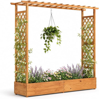 Giantex Raised Garden Bed with Trellis & Hanging Roof, 77" Wooden Elevated Planter Box w/Drainage Holes, Freestanding Garden Planter for Climbing Plants Vegetable Herb Flower, Patio Backyard Garden
