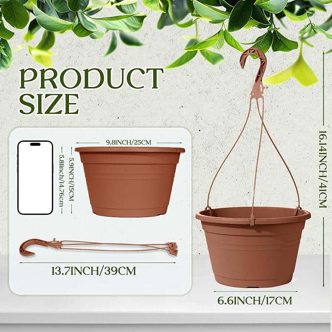 4 Pcs Hanging Planters for Indoor Plants,10" Large Plastic Hanging Basket with Drainage Trays & Chain Holder for Outdoor Indoor Plants Garden Balcony Decoration, Brown
