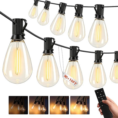 100(90+10)FT Outdoor String Lights, 30m Waterproof Remote LED Patio Lights with 39+2 S11 Bulbs, Dimmable Outside Hanging Lights for House, Porch,Yard,Garden,Connectable Plug-in Gazebo Lighting
