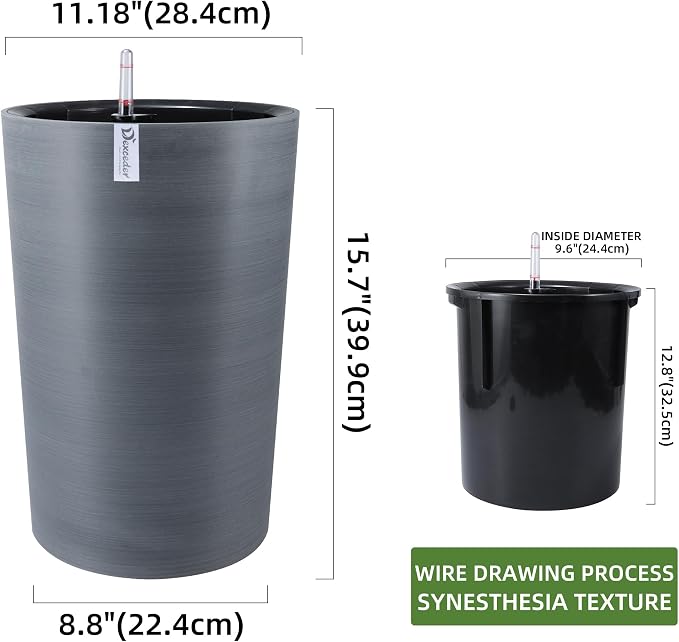 Dexceder 16x12 Self Watering Tall Planter (Gray, Wire Drawing) | High Cylinder, Thickened Large Floor Standing Flower Plant Pot with Water Level Indicator Indoor Outdoor
