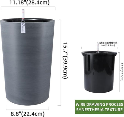 Dexceder 16x12 Self Watering Tall Planter (Gray, Wire Drawing) | High Cylinder, Thickened Large Floor Standing Flower Plant Pot with Water Level Indicator Indoor Outdoor