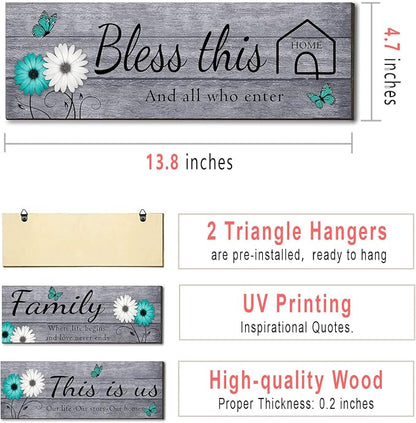 Joyhawk 4 Pcs Farmhouse Wall Decor with Teal Butterflies & Daisies, Rustic Wooden Signs Set (This is Us, Together, Family, Bless This Home), Grey Floral Wall Art for Living Room Bedroom, Housewarming Gift, 4.7" x 13.8"
