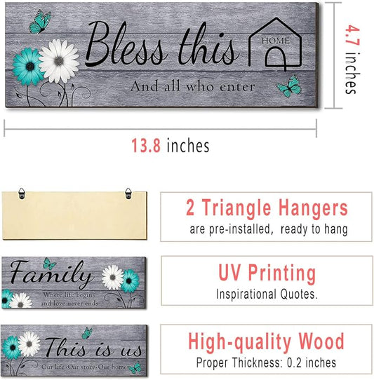 Joyhawk 4 Pcs Farmhouse Wall Decor with Teal Butterflies & Daisies, Rustic Wooden Signs Set (This is Us, Together, Family, Bless This Home), Grey Floral Wall Art for Living Room Bedroom, Housewarming Gift, 4.7" x 13.8"
