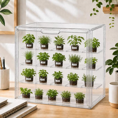 Mini Greenhouse for Indoor, Clear Stackable Green House with Magnetic Door & Adjustable Drainage Dividers, Tabletop Portable Greenhouse for Small Plants Nursery Germination and Display (1 Pack)