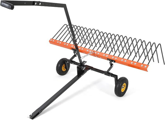 Garvee 60'' Tow Behind Lawn Dethatcher,24 Durable Spring Steel Tines Lawn Dethatcher, Tow Behind Steel Pine Straw Rake Designed to Lawn and Garden Tractors, Orange&Black