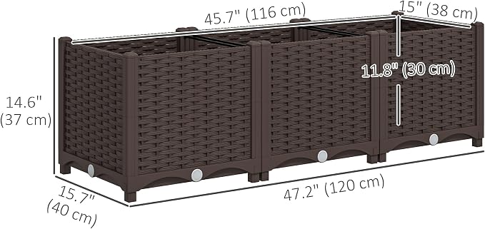 Outsunny Plastic Raised Garden Bed, 47.2" x 15.7" x 14.6" Outdoor Planter Box with Drainage Holes for Garden, Patio, Balcony, Deck, Brown