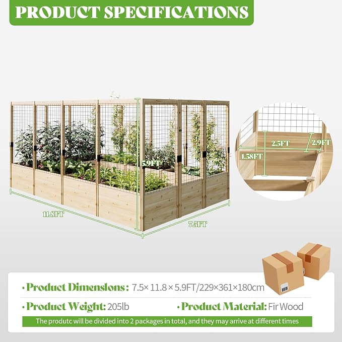 PaPaJet Wooden Raised Garden Bed for Outdoor, Deep Large Planter Box with Netting for Gardening, Vegetables, Flowers, Herbs（7.5× 11.8× 5.9FT）