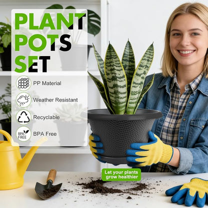 Quarut 12 Inch Pots for Plants,4 Pack Large Flower Pots with Drainage Hole & Saucer,Modern Planters for Indoor Outdoor Plants,Decorative Resin Garden Pots Black
