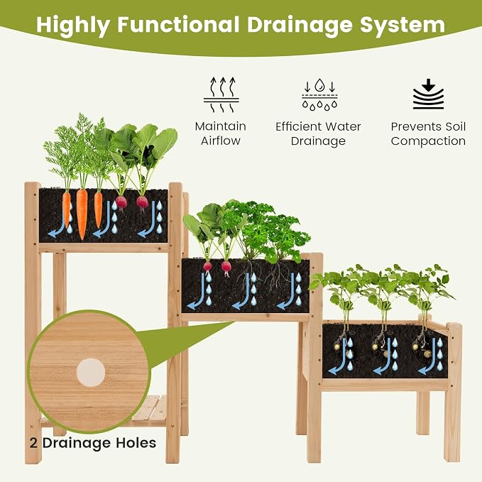 HAPPYGRILL 3-Tire Raised Garden Bed, Wooden Raised Planter Box with 3 Planter Boxes, Drainage Holes, Open Storage Shelf, Outdoor Garden Bed with Legs for Plant, Fruit, Vegetable, Flower, Herb