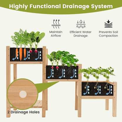 HAPPYGRILL 3-Tire Raised Garden Bed, Wooden Raised Planter Box with 3 Planter Boxes, Drainage Holes, Open Storage Shelf, Outdoor Garden Bed with Legs for Plant, Fruit, Vegetable, Flower, Herb