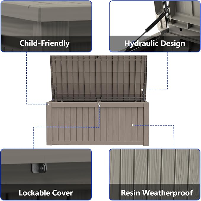 150 Gallon Outdoor Storage Box Resin Deck Box All Weather Waterproof Large Lockable Storage Container Deck Box for Patio Furniture, Garden Tools, Lockable, Gray New