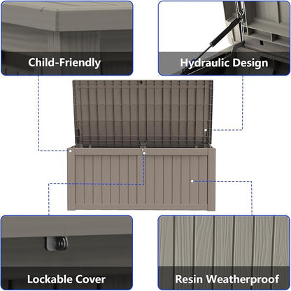 150 Gallon Outdoor Storage Box Resin Deck Box All Weather Waterproof Large Lockable Storage Container Deck Box for Patio Furniture, Garden Tools, Lockable, Gray New