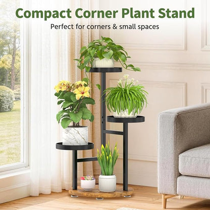 LASZOLA 3 Tier Metal Plant Stand for Indoor Corner, Heavy Duty Wooden Flower Holder Rack for Mutiple Plants, Planter Display Shelf for Patio Garden Balcony Living Room, Black