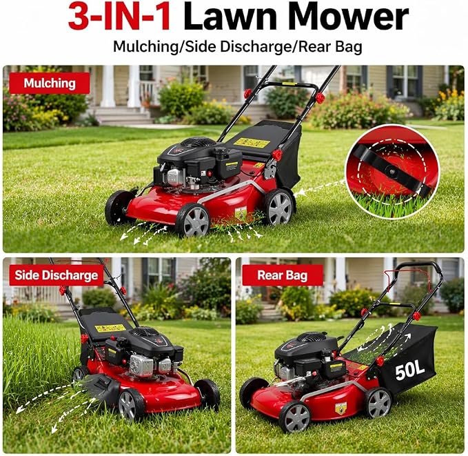 18" Self Propelled Gas Lawn Mower, 131cc DV Engine | 8 Cutting Heights | Push Walk-Behind Mower for Yard, 3-in-1 Mulching, Side Discharge & Rear Bag for Garden Landscaping