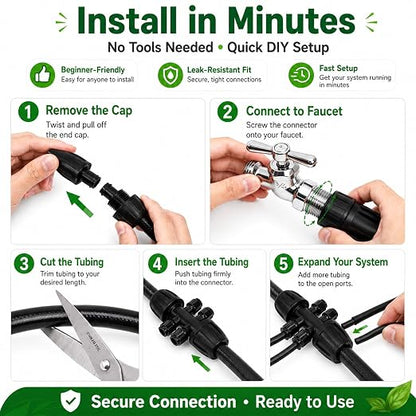 100 FT 1/2 Inch Drip Irrigation Tubing Kit:Premium Garden and Landscape Watering System-Drip Irrigation Hose with 2 Quick Connector 4-Way Connector,2 Quick Connector 6-Way Connector and Tube Cap