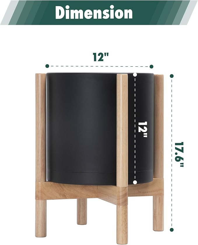D'vine Dev Plastic Pot with Natural Wood Stand, Black, 12 in, 55-C-P-2 | Mid-Century Inspired Design, Elevated Plant Display, Clean Lines, Sturdy Support, Modern Space-Saving Style
