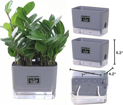 Self Watering Planters 4 Pack, 7 Inch Rectangle Plant Pots with Visible Water Reservoir, Indoor Outdoor Herb Planter Boxes for Windowsill，African Violets，Succulents，Flowers，Kitchen，Office，Balcony Gray