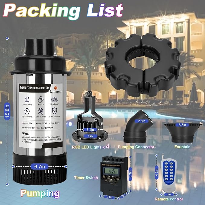 Pond Fountain Aerator, with 4 RGB Lights 1HP 110V 15000 GPH Pond Fountain Pump with Lights, Fully Automatic Lake Floating Fountain, 100 FT Power Cord, Pond Fountains for Large Ponds Lake