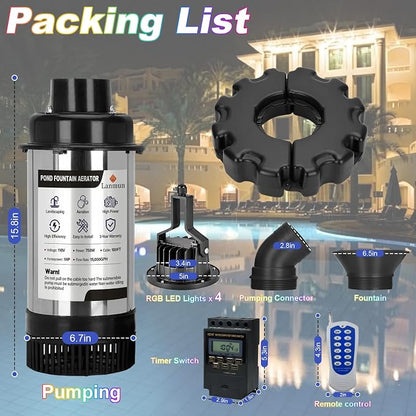 Pond Fountain Aerator, with 4 RGB Lights 1HP 110V 15000 GPH Pond Fountain Pump with Lights, Fully Automatic Lake Floating Fountain, 100 FT Power Cord, Pond Fountains for Large Ponds Lake