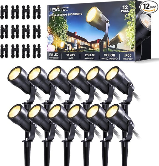 HIBOITEC 12 Pack Low Voltage Landscape Lighting, 5W LED Landscape Spotlights with Fastlock Connectors, 2900K Warm White, 12-24V AC/DC Outdoor Waterproof Spot Light for Trees, Yard & Walls,CRI92+