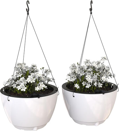 Mayne Caprio Self Watering Hanging Planter Set, 2 Pack - Sturdy, Lightweight Planters for Indoor and Outdoor Use, with Water Level Indicator and Drainage System, Basket for Flowers, White