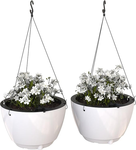 Mayne Caprio Self Watering Hanging Planter Set, 2 Pack - Sturdy, Lightweight Planters for Indoor and Outdoor Use, with Water Level Indicator and Drainage System, Basket for Flowers, White