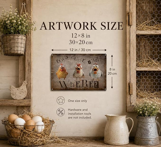 Funny Chicken Metal Sign, Rustic Farmhouse Eggs Come From Where Wall Decor, Humorous Hen Rooster Art Plaque for Chicken Coop Home Farm Kitchen Decor 8x12 Inch