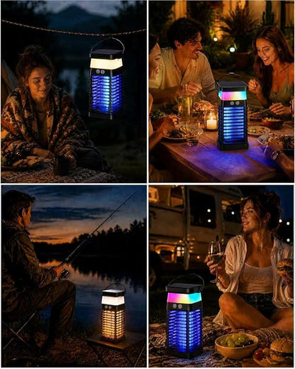 Solar Bug Zapper Outdoor/Indoor, 4000V Electric Mosquito Zapper with Flickering Flame & RGB Atmosphere Light, Cordless Waterproof Rechargeable Mosquito Repellent Outdoor Patio Backyard, Camping, RV
