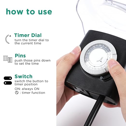 G-ELEK Outdoor Timer Outlet Waterproof, Outdoor Light Timer, 3/4HP Heavy Duty, 18 Inches Long Cord, 1 Grounded Outlet, Ideal for Engine Block Heater, Pool Pump, CSA Listed (Black)