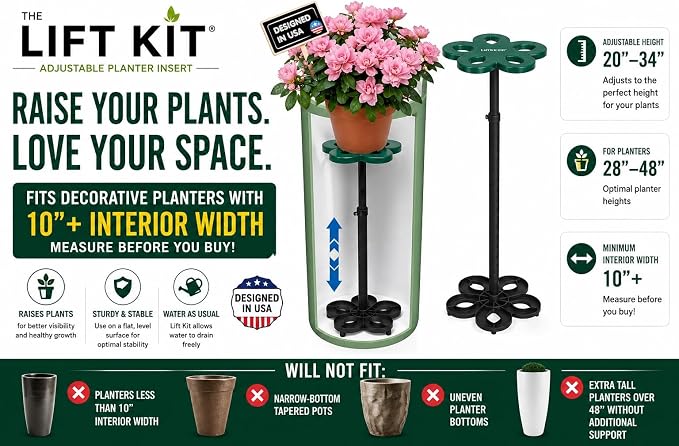 Lift Kit Planter Insert XL Tall Column Plant Riser Fill Bottom of Tall Flower Pots and XL Plant Containers | Indoor and Outdoor (20-34" Rise, 10" Base, 10" Top)