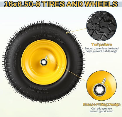 16x6.50-8 Tubeless Tire and Wheel, 16x6.5-8 Lawn Mower Tires, 3"-4.5" Offset Hub, 3/4" or 5/8" Bearing, Fit Riding Mower and Garden Tractor Front Wheels, 4 Ply, V-Turf Pattern, 2 Pack