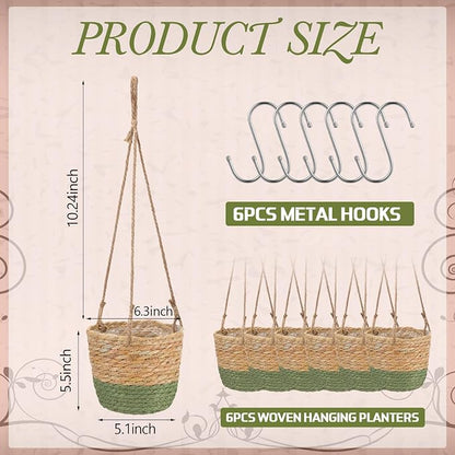 6 Pcs Seagrass Hanging Planter Basket Hand Woven Plant Basket with Plastic Liners Hanging Plant Holder Storage Containers with Cotton Rope for Indoor Garden Decor (Small,Brown,Green)