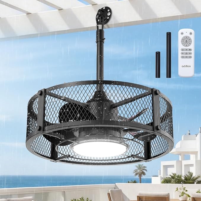 addlon 20 Inch Outdoor Ceiling Fans with Lights, IP65 Waterproof Plug in Caged Hanging Fan for Gazebo, Remote Control, 3 CCT, 6 Speeds Reversible Outdoor Fan for Patio, Pergola, Porch