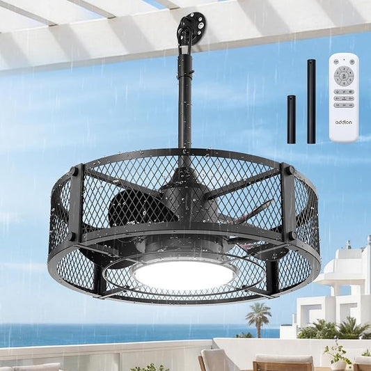 addlon 20 Inch Outdoor Ceiling Fans with Lights, IP65 Waterproof Plug in Caged Hanging Fan for Gazebo, Remote Control, 3 CCT, 6 Speeds Reversible Outdoor Fan for Patio, Pergola, Porch