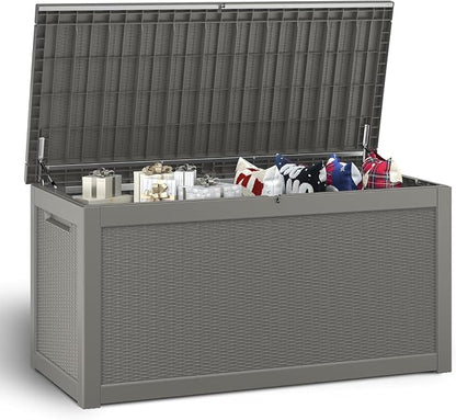NUNU LAB Outdoor Storage Box, 320 Gallon Deck Box, Resin Waterproof Outside Storage Bench, Outdoor Storage Cabinet With Lockable Lid, Backyard Deck Box For Garden Tools, Patio Cushions, Grey