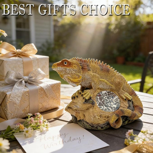 Solar Iguana Garden Statues Decor for Outdoor, Khaki Iguana Figurine Lights for Lawn Patio Yard Decoration - Unique Christmas Housewarming Gifts for Grandma Wowen Mom
