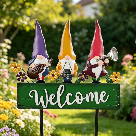 Spring Gnomes Decorations for Yard with Garden Welcome Sign, Large 43.3inch Musical Gnome Decorative Garden Stakes Metal Yard Art for Outdoor Lawn Decorations