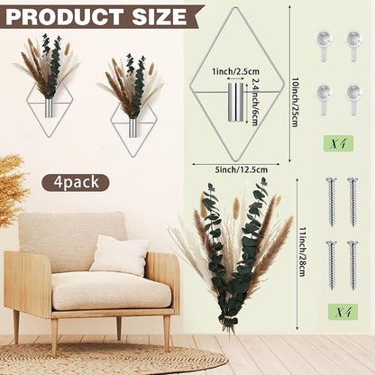 Jexine 8 Pcs Hanging Planters with Artificial Pampas Metal Hanging Vase Indoor Plants Holder Modern Geometric Boho Bathroom Wall Decor for Living Room Home Office(Chrome Silver)