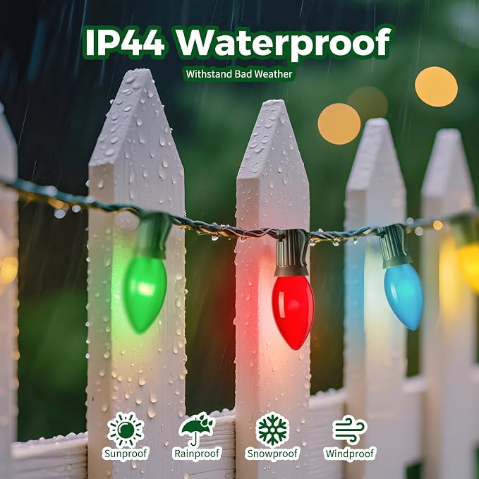 Minetom Multicolor C9 Christmas Lights, Waterproof C9 100FT String Lights | Vintage Outdoor Lights for Christmas Tree Patio Backyard Porch Roofline Outdoor Indoor Party Holiday Xmas Decor, 100+2 Bulbs