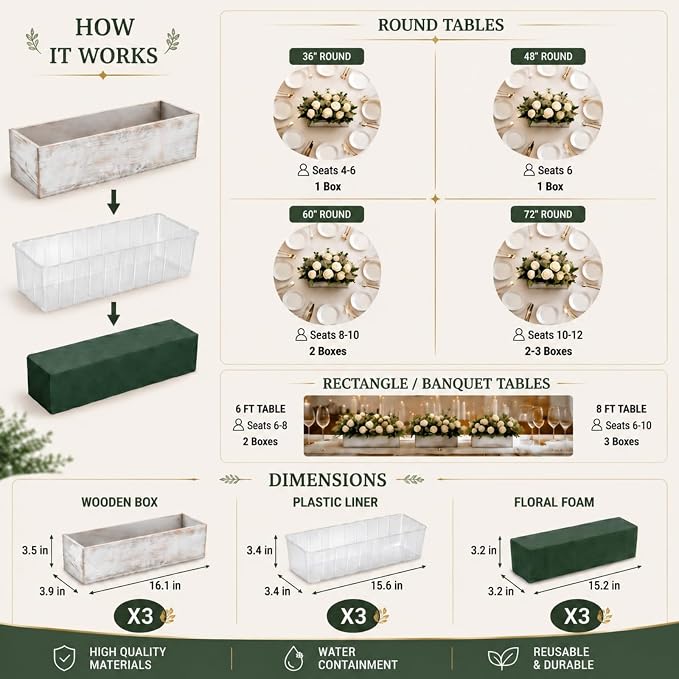 Dandat 3 Set Wood Boxes for Centerpieces 16x4 Inch Rectangle Wooden Planter Box Rustic Wooden Planters with Removable Plastic Liner Floral Foam Blocks for Christmas Wedding Home Garden Decor(White)