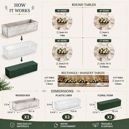 Dandat 3 Set Wood Boxes for Centerpieces 16x4 Inch Rectangle Wooden Planter Box Rustic Wooden Planters with Removable Plastic Liner Floral Foam Blocks for Christmas Wedding Home Garden Decor(White)