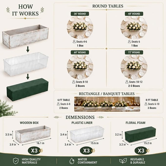 Dandat 3 Set Wood Boxes for Centerpieces 16x4 Inch Rectangle Wooden Planter Box Rustic Wooden Planters with Removable Plastic Liner Floral Foam Blocks for Christmas Wedding Home Garden Decor(White)