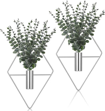 Jexine 4 Pcs Hanging Planters with Artificial Eucalyptus, Chrome Silver Wall Decor Metal Hanging Vase Indoor Plants Holder Modern Geometric Bathroom Decor for Living Room Home Office