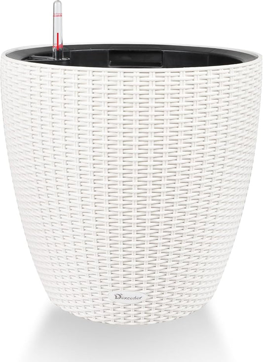 Dexceder 18x17 Self Watering Planter with Wheels (Ivory White Rattan) | Inner Pot Design, Thickened Table Flower Plant Pot with Water Level Indicator Indoor Outdoor