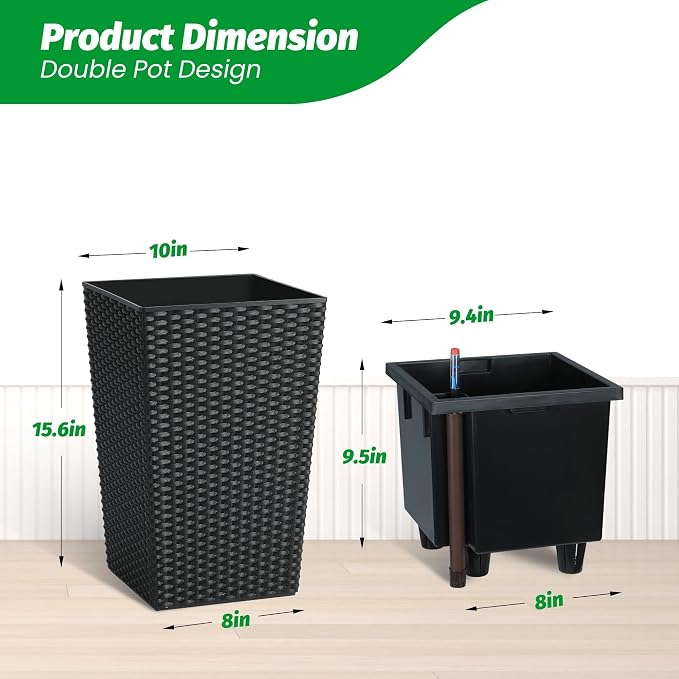 Garvee Set of 2 Tall Rattan Planters, 16 Inch Black Planters for Indoor Outdoor Plants, Flower Pots with Drainage & Water Level Window for Porch, Patio & Balcony