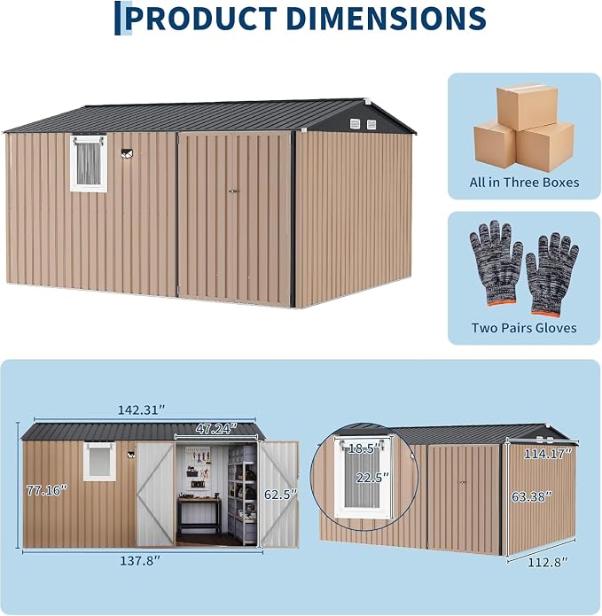 Garvee 10 x 12 FT Heavy-Duty Metal Outdoor Storage Shed with Motion Sensor Solar Light and Window,Pegboard Tool Organizer, Lockable Doors and 4 Air Vents, Garden Shed for Patio, Garage, Backyard