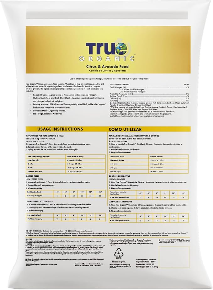 True Organic Citrus & Avocado Food – Organic Fertilizer for Lush Foliage and Abundant Fruit – 25lb Bag Covers 438 Sq. Ft.