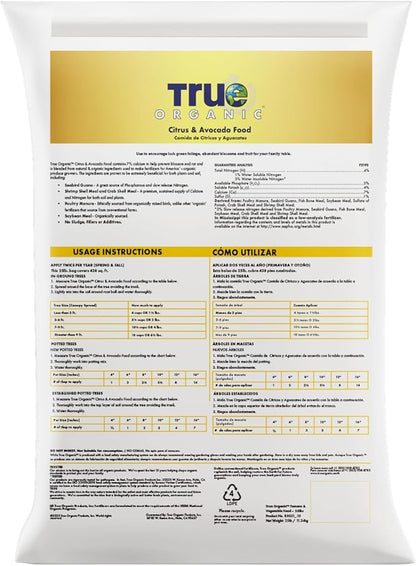 True Organic Citrus & Avocado Food – Organic Fertilizer for Lush Foliage and Abundant Fruit – 25lb Bag Covers 438 Sq. Ft.