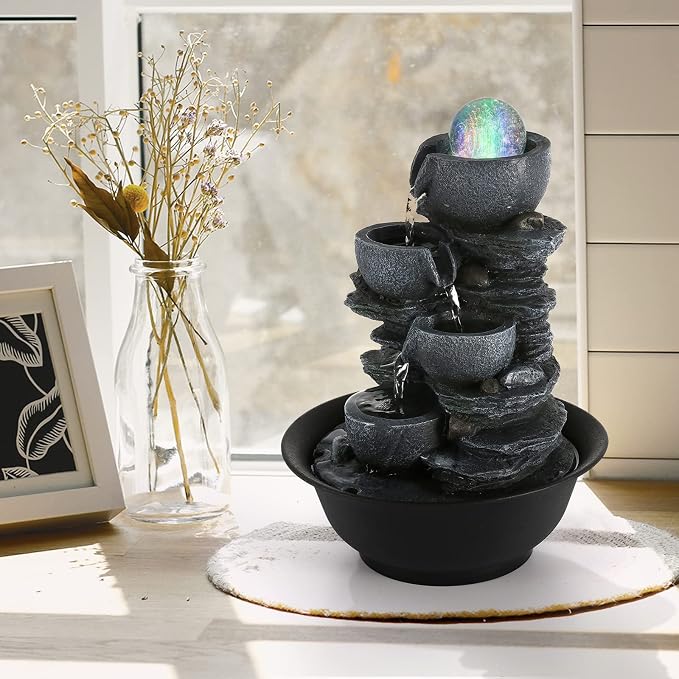 Dyna-Living Tabletop Water Fountain Indoor Waterfalls Fountains with Colored LED Light Decorative Tabletop Fountain with Automatic Pump, Desktop Indoor Water Fountains for Office Relaxing